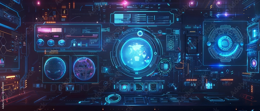 Futuristic holographic interfaces and screens floating in a conceptual hightech background Futuristic holographic interfaces and screens floating in a conceptual hightech background