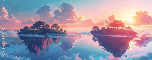 Surreal dreamlike landscape with floating islands Vector flat minimalistic isolated