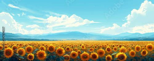 A radiant sunflower field stretching to the horizon. Vector flat minimalistic isolated illustration.