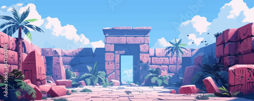 Ancient ruins with intricate stone carvings and hieroglyphics Vector flat minimalistic isolated