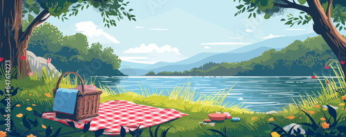 A tranquil riverbank picnic with a red checkered blanket and wicker basket. Vector flat minimalistic isolated