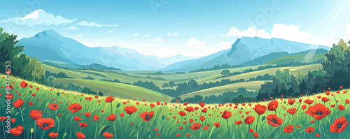 A sunny day in a meadow with blooming poppies. Vector flat minimalistic isolated