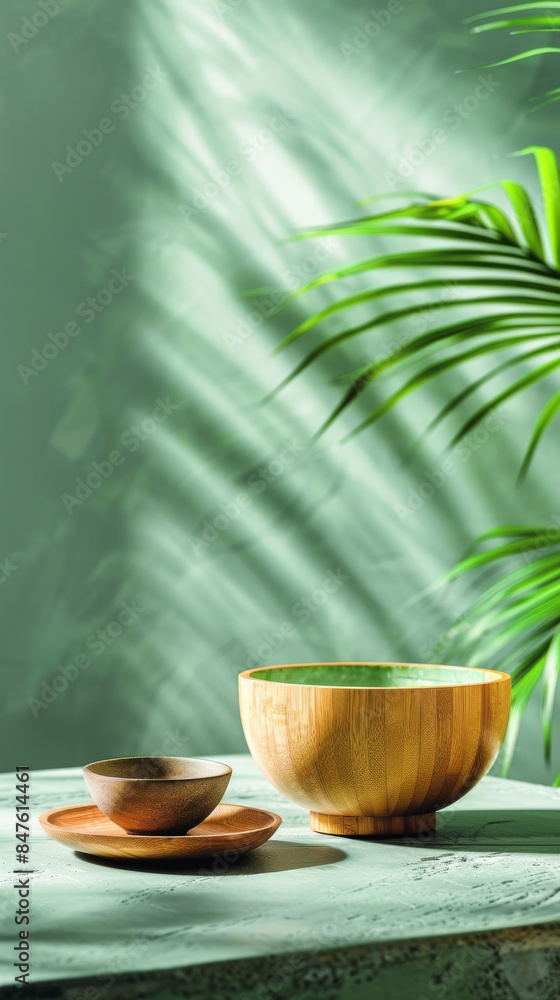 Two wooden bowls are placed on a table beside a palm tree Two wooden bowls are placed on a table beside a palm tree
