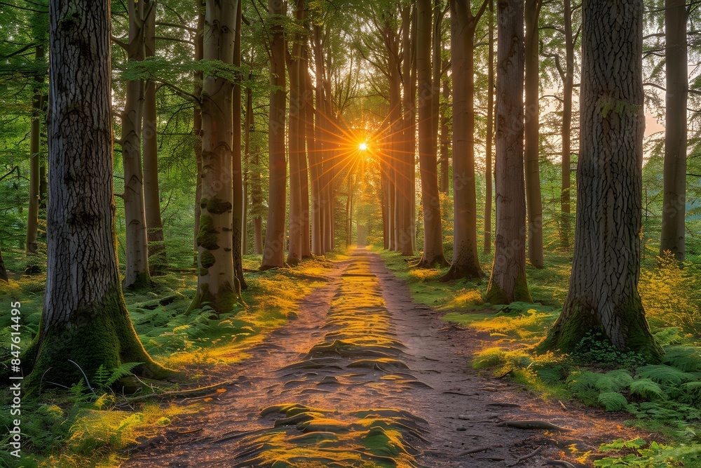 Obraz premium Enchanted Forest Path at Sunrise Captivating Nature Scene for Posters, Prints, and Interior Decor