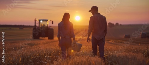 Woman engineer with laptop and landowner walking on harvested corn field during baling at sunset photo