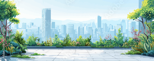 Urban rooftop garden with city views Vector flat minimalistic isolated illustration