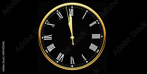 Classic golden rimmed clock face with Roman numerals isolated on black background, elegant timepiece with hour, minute, second hands. graphic design element