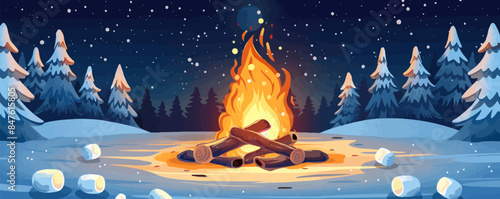 A cozy campfire scene with marshmallows roasting on sticks. Vector flat minimalistic isolated illustration.