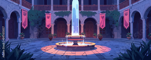 Medieval castle courtyard with a fountain and banners Vector flat minimalistic isolated