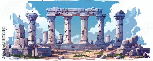 Ancient ruins with weathered stone columns and carvings Vector flat minimalistic isolated illustration
