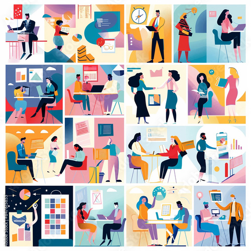 Business Concept illustrations,Business Concept illustrations Collection of scenes with men and women taking part in business activitiesBusiness Strategy researchBusiness iconsillustrations
