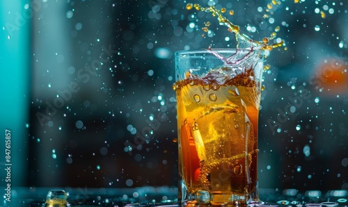 A refreshing splash of iced tea in a glass, with droplets suspended mid-air, capturing the essence of summer