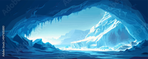 Glacial ice cave revealing ancient secrets hidden within its depths. Vector flat minimalistic isolated