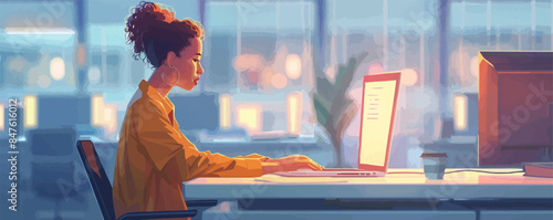 Woman working on a laptop in an office cubicle. Vector flat minimalistic isolated illustration.