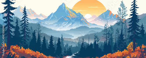 Serene mountain landscape with a hiking trail Vector flat minimalistic isolated illustration