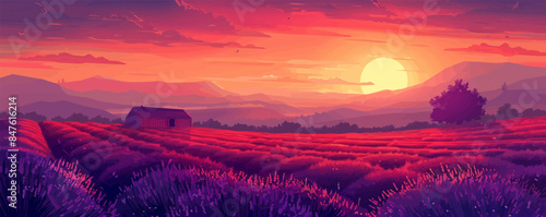 A radiant sunset over a field of lavender with a farmhouse on the horizon. Vector flat minimalistic isolated illustration.