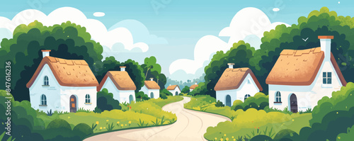 Quaint countryside village with thatched-roof cottages Vector flat minimalistic isolated