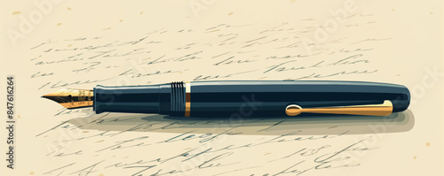 A fountain pen lying on a piece of paper with calligraphy writing. Vector flat minimalistic isolated illustration.