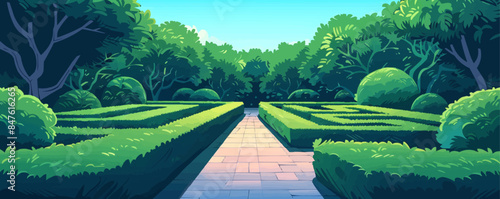 A magical garden maze with towering hedges and secret passages. Vector flat minimalistic isolated illustration.