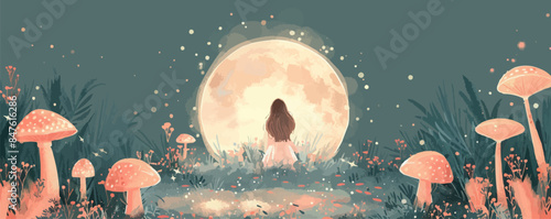 surrounded by toadstools and shimmering fairy dust. Vector flat minimalistic isolated illustration.