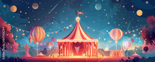 Vintage circus tent with performers and animals Vector flat minimalistic isolated illustration