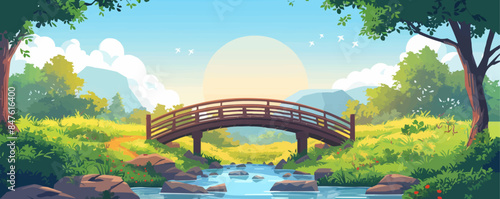 A tranquil countryside scene with a rustic wooden bridge over a babbling brook. Vector flat minimalistic isolated illustration.