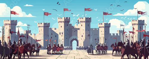 Medieval castle courtyard with knights in shining armor Vector flat minimalistic isolated illustration