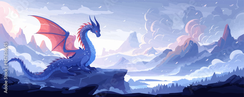Fantasy dragon flying over a mystical landscape Vector flat minimalistic isolated illustration