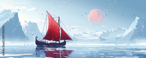 Nordic longship sailing through icy waters. Vector flat minimalistic isolated illustration.