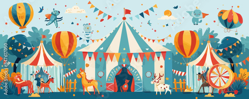 Vintage circus tent with performers and animals Vector flat minimalistic isolated illustration