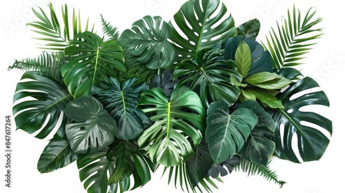 Collection of tropical plant leaves on a bush, including Monstera, palm, rubber plant, pine, and bird's nest fern