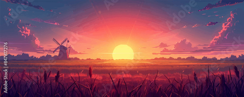 A radiant sunset over a field of barley with a windmill in the distance. Vector flat minimalistic isolated illustration.