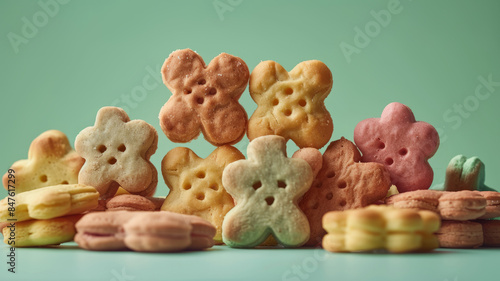 Stack of flower-shaped colorful cookies on a green background. photo