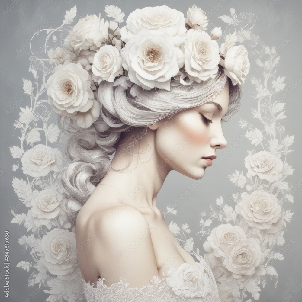 Obraz premium Portrait of a young woman with white hair ornamented with white roses. Bride design decorative illustration
