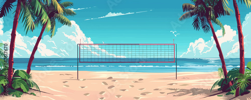 Tropical beach scene with palm trees and a volleyball net. Vector flat minimalistic isolated illustration.