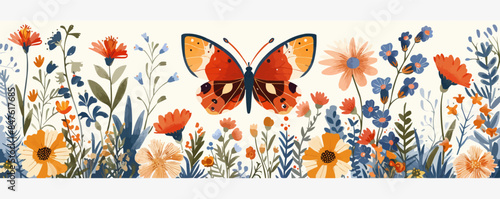 A colorful butterfly fluttering among wildflowers in a garden, symbolizing transformation and beauty on a white background. Vector flat minimalistic isolated illustration.