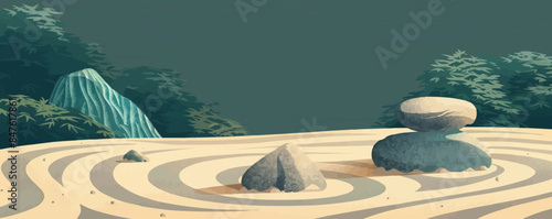 Tranquil Zen garden with meticulously raked sand patterns. Vector flat minimalistic isolated illustration.