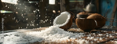 Coconut and grated coconut on wooden table. photo