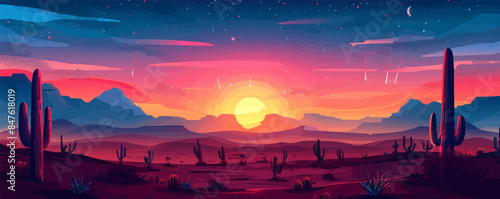 A radiant sunset over a desert landscape with cacti silhouetted against the sky. Vector flat minimalistic isolated illustration