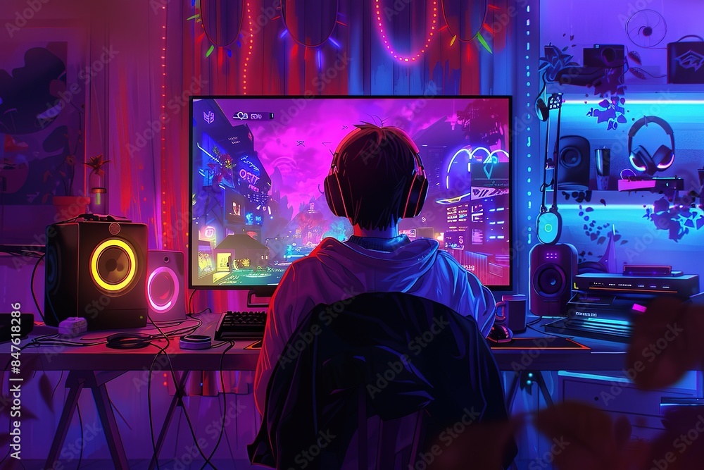 Young long hair Caucasian male professional gamer wearing a headset with a microphone sitting concentrate playing online video games Young long hair Caucasian male professional gamer wearing a headset with a microphone sitting concentrate playing online video games