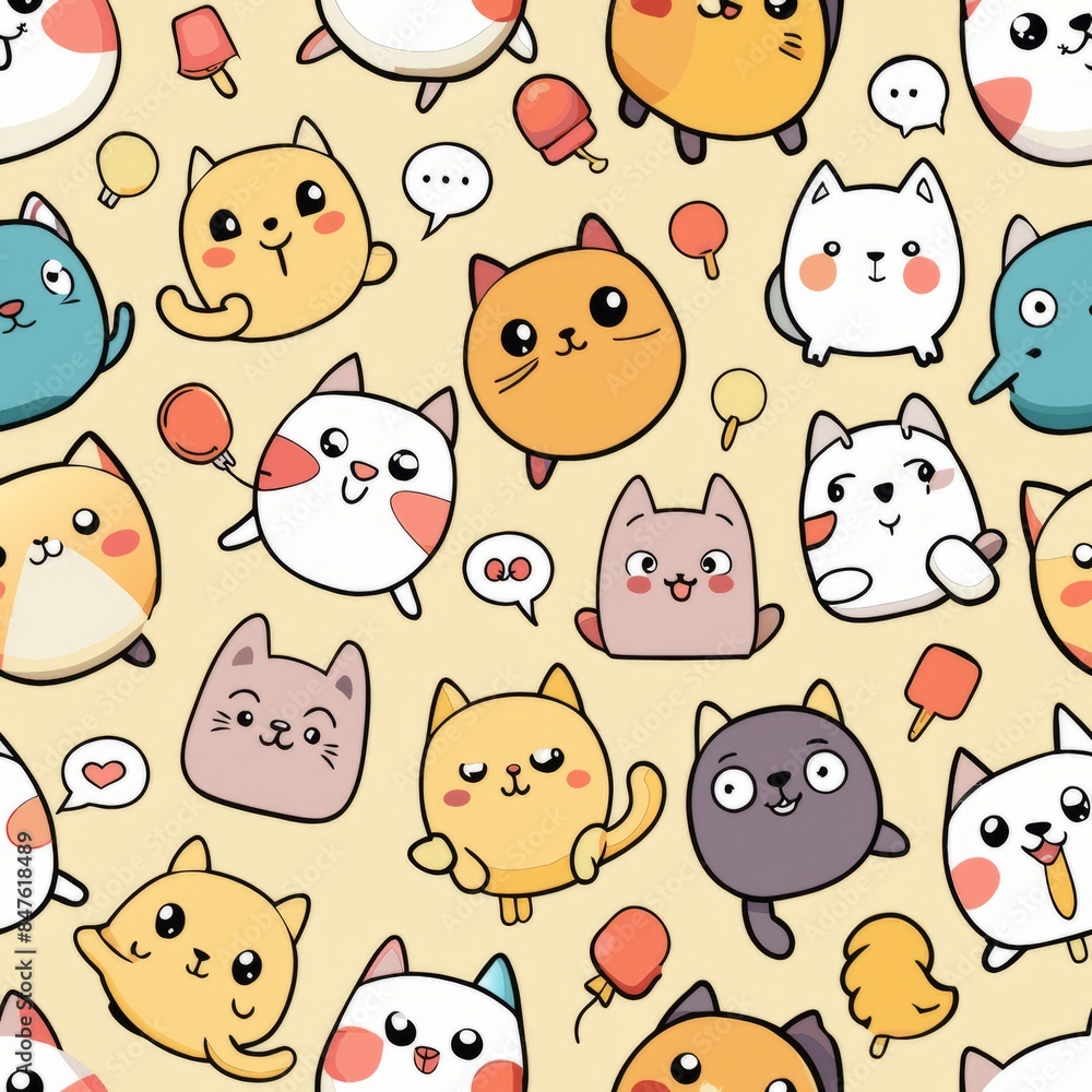 Obraz premium Seamless pattern of cartoon cats with speech bubbles and funny sayings, Generative AI