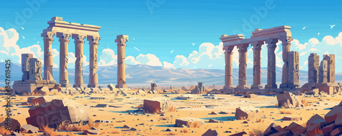 Ancient ruins with crumbling stone columns and hieroglyphics Vector flat minimalistic isolated illustration