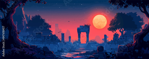 Ancient temple ruins with mysterious symbols Vector flat minimalistic isolated illustration