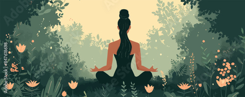 Serene yoga practitioner meditating in nature. Vector flat minimalistic isolated