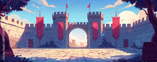 Medieval castle courtyard with a drawbridge and banners Vector flat minimalistic isolated illustration