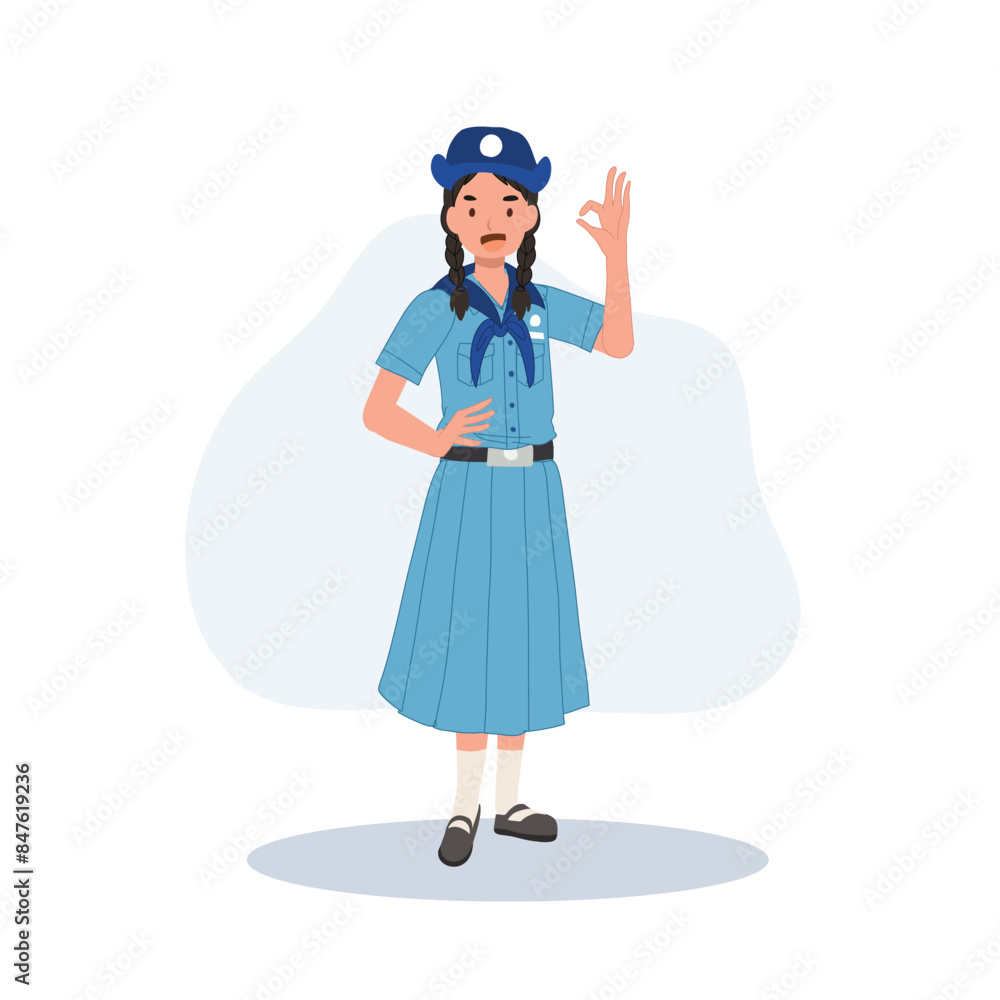 Positive and Confident Young Thai Girl Scout in Cheerful Uniform Making OK Hand Gesture Positive and Confident Young Thai Girl Scout in Cheerful Uniform Making OK Hand Gesture
