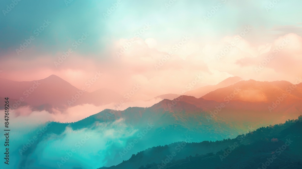 Fototapeta premium Misty Mountain Range with Cloudy Sky in Colorful Photograph