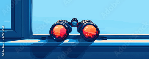 A pair of binoculars resting on a windowsill. Vector flat minimalistic isolated