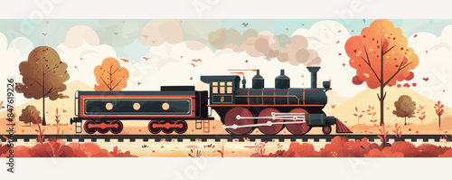 Vintage train chugging along railroad tracks. Vector flat minimalistic isolated
