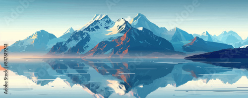 A serene mountain lake reflecting the snow-capped peaks of the surrounding mountains. Vector flat minimalistic isolated tion.